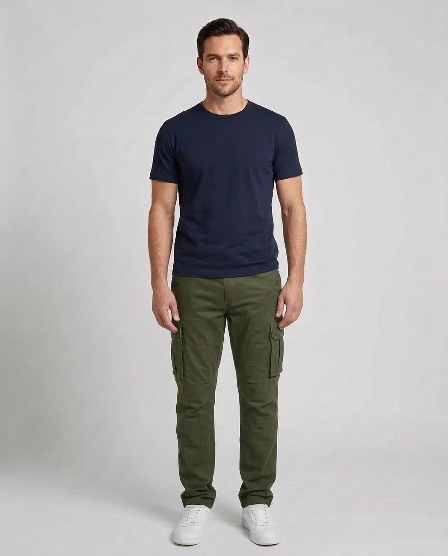 Men's Cargo Trousers Relaxed Fit Utility Pockets Versatile Casual Wear - Army Green Front [Lystr 6acf236af7684a70ba433ab2:army green:front]