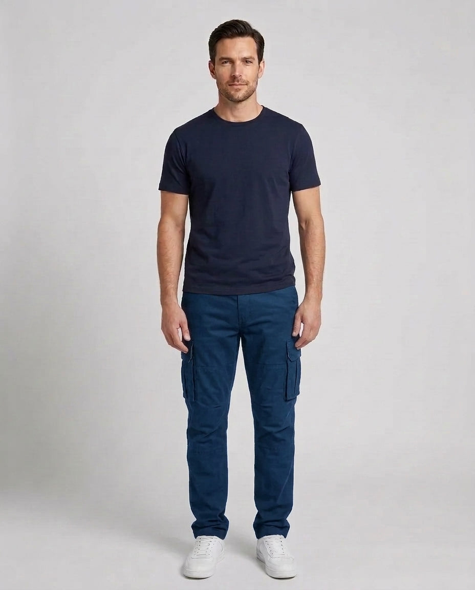 Men's Cargo Trousers Relaxed Fit Utility Pockets Versatile Casual Wear - Blue Front [Lystr 6acf236af7684a70ba433ab2:blue:front]