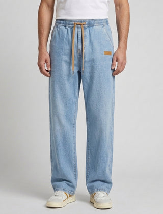 Men's Casual Drawstring Jeans Relaxed Fit Versatile Everyday Style - Light Wash Blue Front [Lystr 6acf247ff7684a70ba433ab6:light wash blue:front]