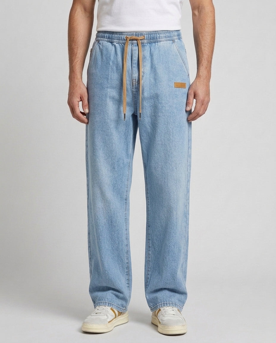 Men's Casual Drawstring Jeans Relaxed Fit Versatile Everyday Style - Light Wash Blue Front [Lystr 6acf247ff7684a70ba433ab6:light wash blue:front]