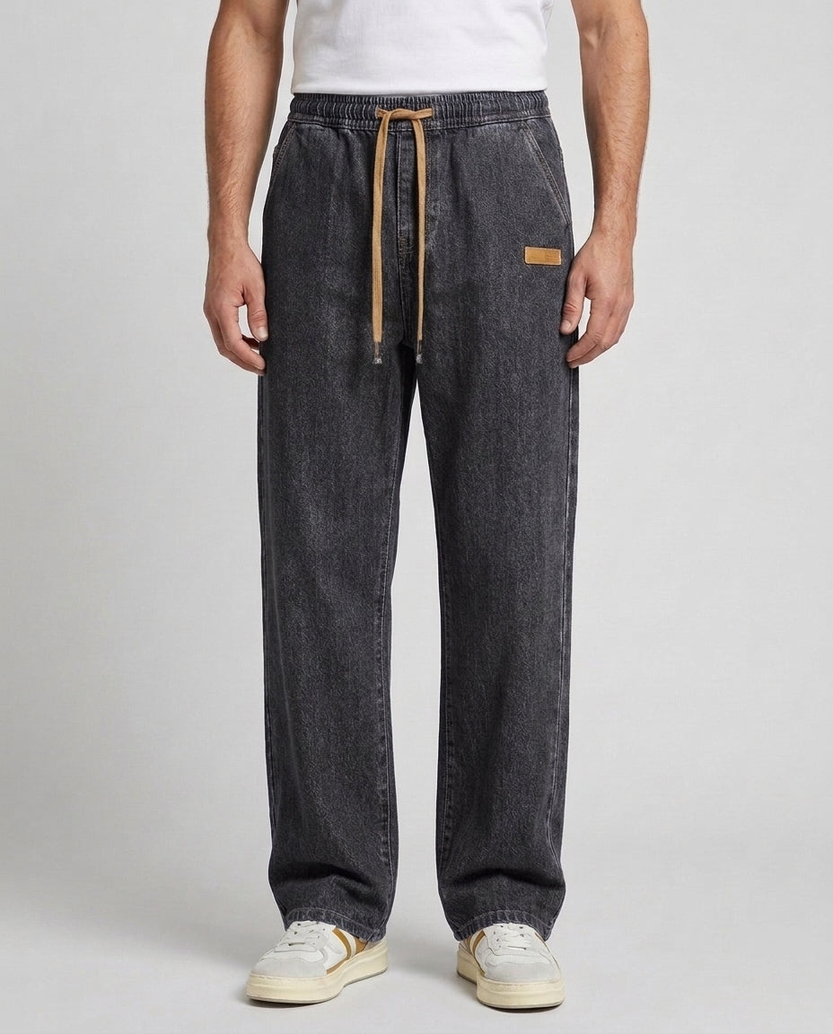 Men's Casual Drawstring Jeans Relaxed Fit Versatile Everyday Style - Charcoal Front [Lystr 6acf247ff7684a70ba433ab6:charcoal:front]