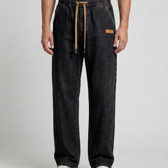 Men's Casual Drawstring Jeans Relaxed Fit Versatile Everyday Style - Black Front [Lystr 6acf247ff7684a70ba433ab6:black:front]