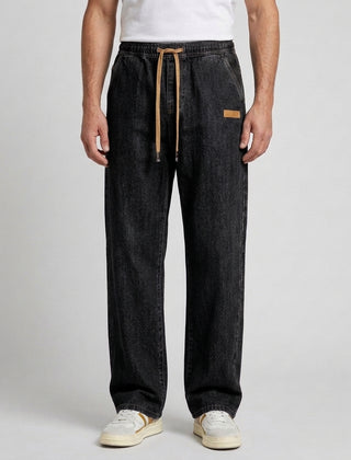 Men's Casual Drawstring Jeans Relaxed Fit Versatile Everyday Style - Black Front [Lystr 6acf247ff7684a70ba433ab6:black:front]