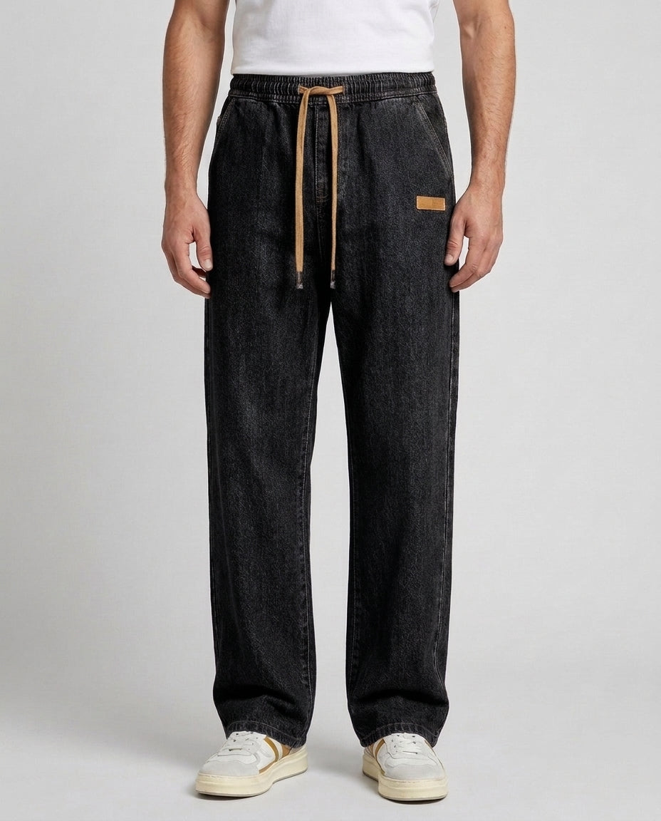 Men's Casual Drawstring Jeans Relaxed Fit Versatile Everyday Style - Black Front [Lystr 6acf247ff7684a70ba433ab6:black:front]