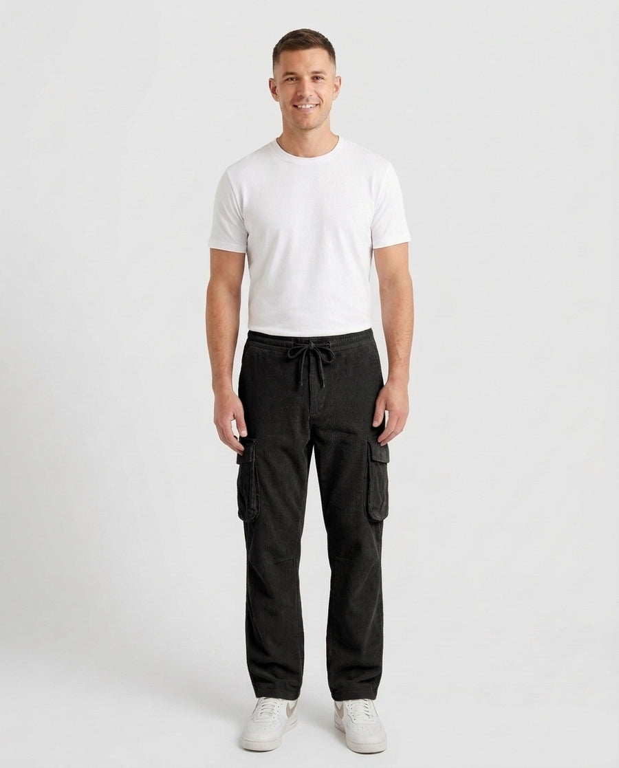 Men's Casual Loose Fit Cargo Trousers Versatile Utility Pockets Everyday Wear - Black Front [Lystr 6acf6d7746afd23923e8fe05:black:front]