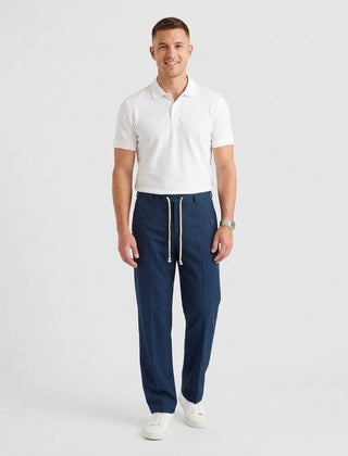Men's Elegant Drawstring Trousers Relaxed Fit Casual Everyday Versatile - Blue Front [Lystr 6acf6e2946afd23923e8fe07:blue:front]
