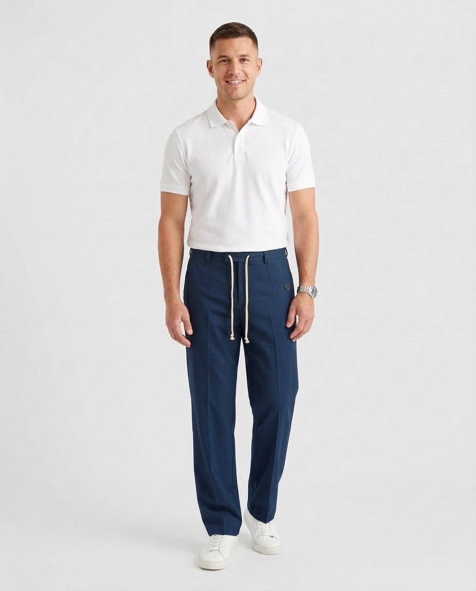 Men's Elegant Drawstring Trousers Relaxed Fit Casual Everyday Versatile - Blue Front [Lystr 6acf6e2946afd23923e8fe07:blue:front]
