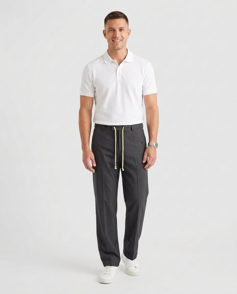 Men's Elegant Drawstring Trousers Relaxed Fit Casual Everyday Versatile - Dark Grey Front [Lystr 6acf6e2946afd23923e8fe07:dark grey:front]
