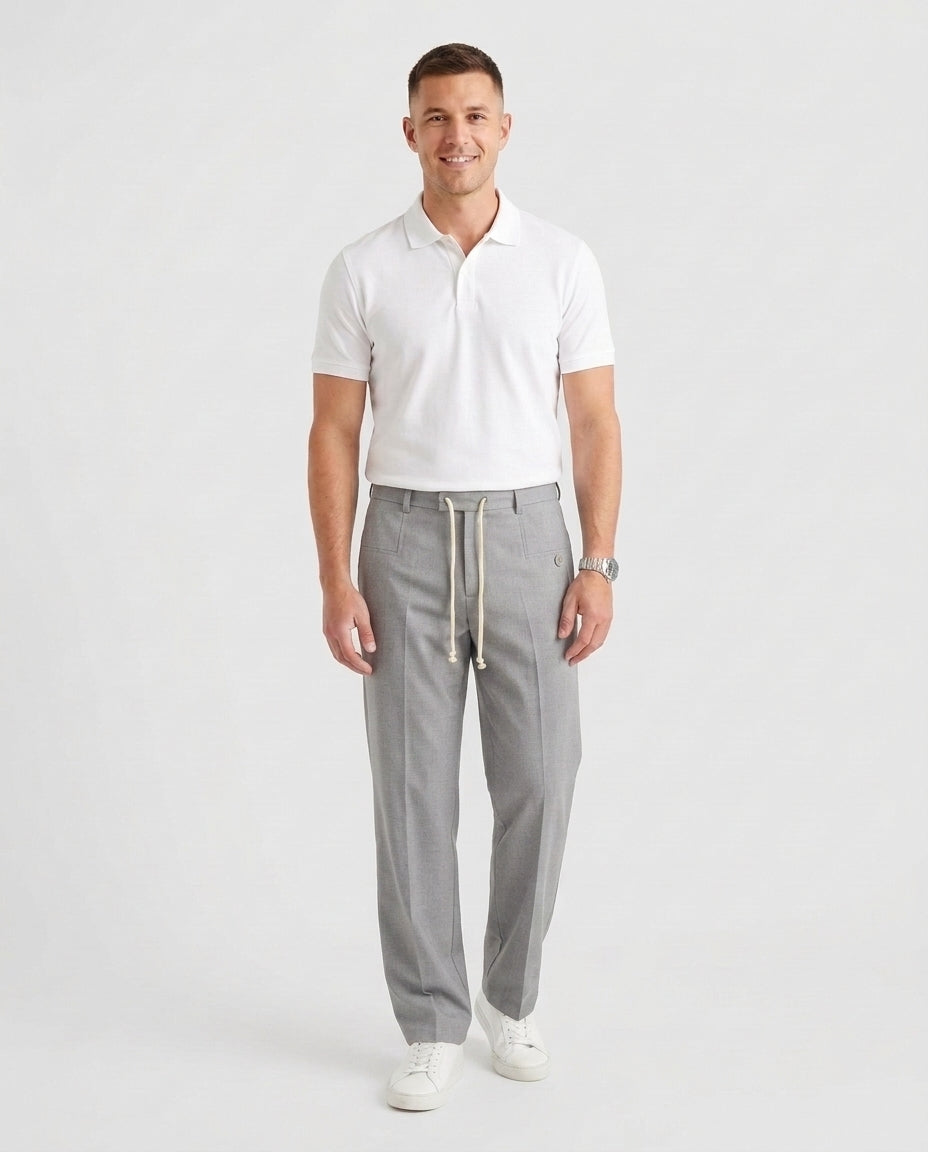 Men's Elegant Drawstring Trousers Relaxed Fit Casual Everyday Versatile - Light Grey Front [Lystr 6acf6e2946afd23923e8fe07:light grey:front]