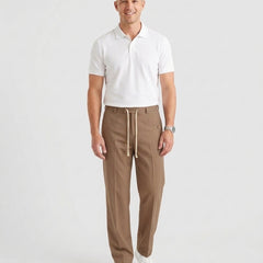 Men's Elegant Drawstring Trousers Relaxed Fit Casual Everyday Versatile - Light Brown Front [Lystr 6acf6e2946afd23923e8fe07:light brown:front]