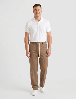 Men's Elegant Drawstring Trousers Relaxed Fit Casual Everyday Versatile - Light Brown Front [Lystr 6acf6e2946afd23923e8fe07:light brown:front]