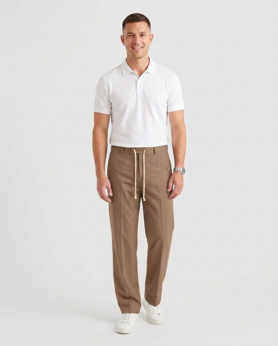 Men's Elegant Drawstring Trousers Relaxed Fit Casual Everyday Versatile - Light Brown Front [Lystr 6acf6e2946afd23923e8fe07:light brown:front]