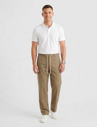 Men's Elegant Drawstring Trousers Relaxed Fit Casual Everyday Versatile - Khaki Front [Lystr 6acf6e2946afd23923e8fe07:khaki:front]