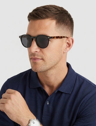 Men's Round Sunglasses Polarized Tinted Lens Retro Fashion Casual Beach Holiday Everyday Driving - Black Front [Lystr 6acf705246afd23923e8fe0b:black:front]