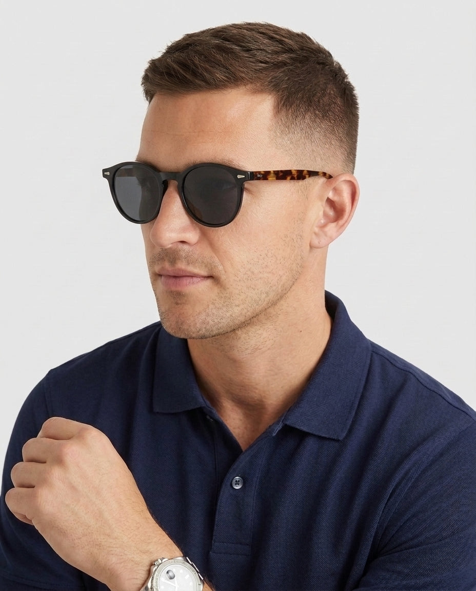 Men's Round Sunglasses Polarized Tinted Lens Retro Fashion Casual Beach Holiday Everyday Driving - Black Front [Lystr 6acf705246afd23923e8fe0b:black:front]