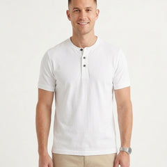 Men's Casual Henley Polo Shirt Short-Sleeve Collared Button Placket Relaxed Fit Summer Holiday Beach Everyday Smart-Casual - White Front [Lystr 6acf71ac46afd23923e8fe0d:white:front]