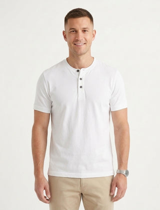 Men's Casual Henley Polo Shirt Short-Sleeve Collared Button Placket Relaxed Fit Summer Holiday Beach Everyday Smart-Casual - White Front [Lystr 6acf71ac46afd23923e8fe0d:white:front]