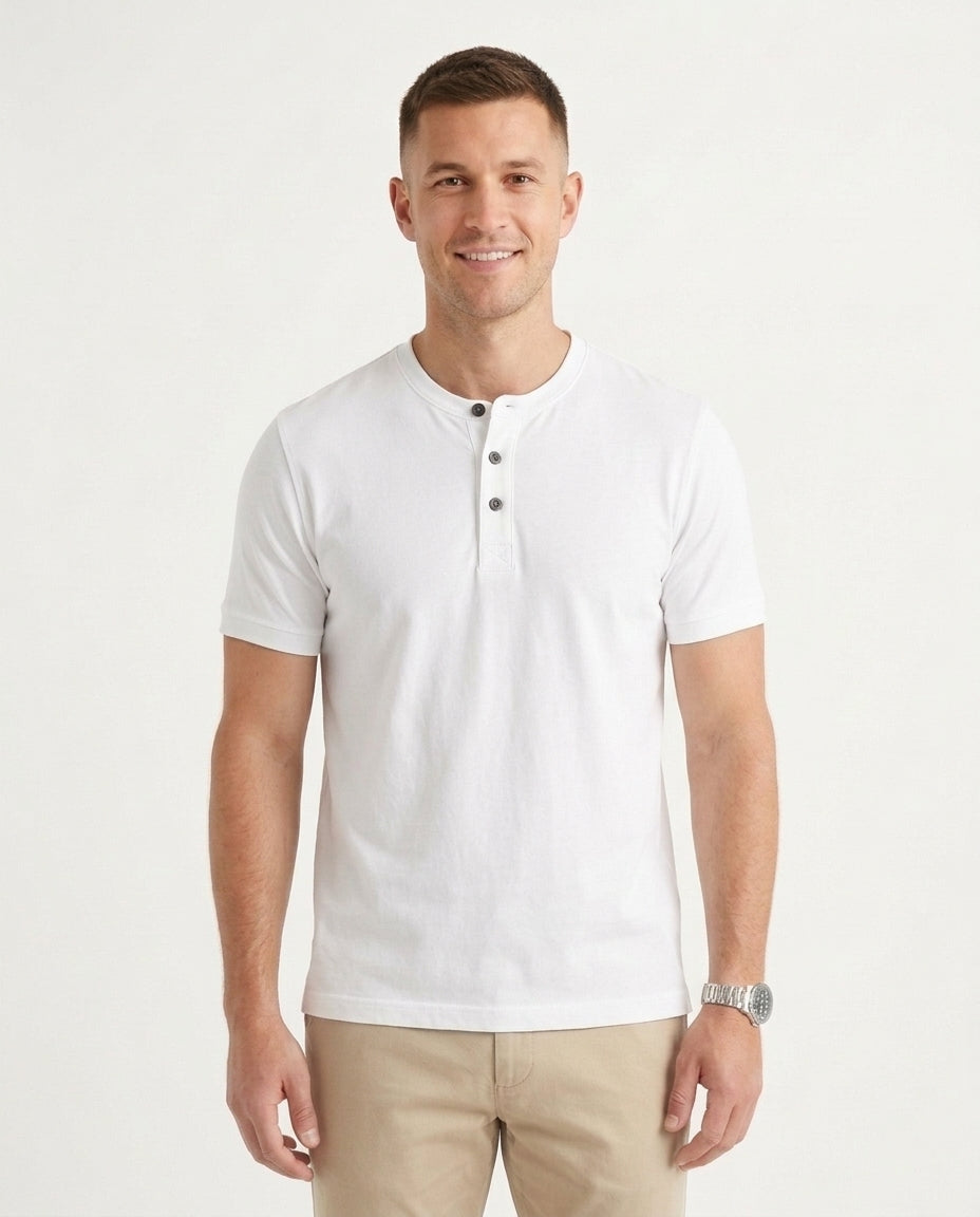 Men's Casual Henley Polo Shirt Short-Sleeve Collared Button Placket Relaxed Fit Summer Holiday Beach Everyday Smart-Casual - White Front [Lystr 6acf71ac46afd23923e8fe0d:white:front]