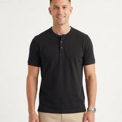 Men's Casual Henley Polo Shirt Short-Sleeve Collared Button Placket Relaxed Fit Summer Holiday Beach Everyday Smart-Casual - Black Front [Lystr 6acf71ac46afd23923e8fe0d:black:front]