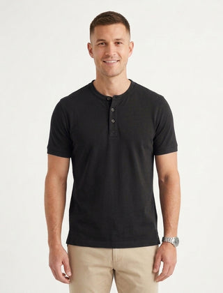 Men's Casual Henley Polo Shirt Short-Sleeve Collared Button Placket Relaxed Fit Summer Holiday Beach Everyday Smart-Casual - Black Front [Lystr 6acf71ac46afd23923e8fe0d:black:front]