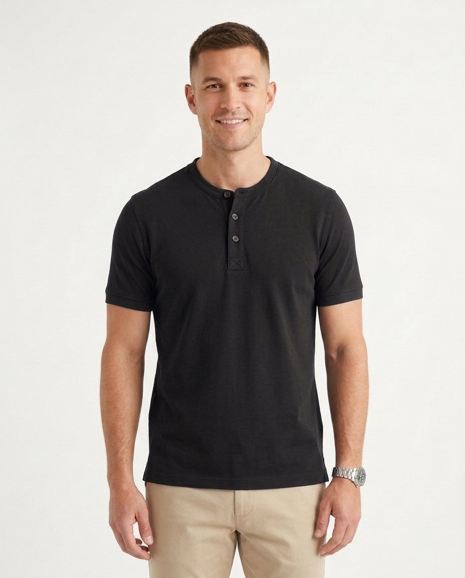 Men's Casual Henley Polo Shirt Short-Sleeve Collared Button Placket Relaxed Fit Summer Holiday Beach Everyday Smart-Casual - Black Front [Lystr 6acf71ac46afd23923e8fe0d:black:front]