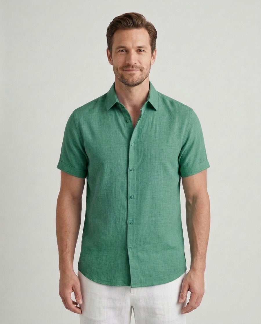 Men's Tailored Fit Shirt Short-Sleeve Button-Down Collared Smart-Casual Office Casual Everyday Sullivan - Green Front [Lystr 6ad08ee5540fbbcd551783a3:green:front]