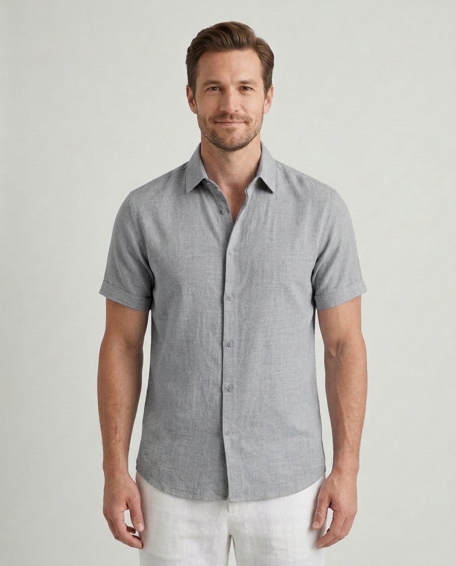 Men's Tailored Fit Shirt Short-Sleeve Button-Down Collared Smart-Casual Office Casual Everyday Sullivan - Gray Front [Lystr 6ad08ee5540fbbcd551783a3:gray:front]