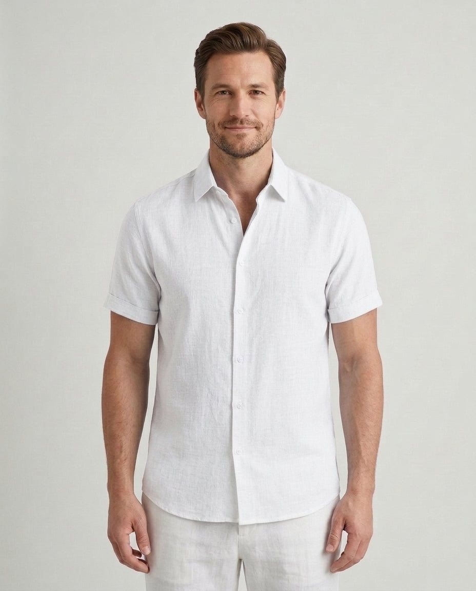Men's Tailored Fit Shirt Short-Sleeve Button-Down Collared Smart-Casual Office Casual Everyday Sullivan - White Front [Lystr 6ad08ee5540fbbcd551783a3:white:front]