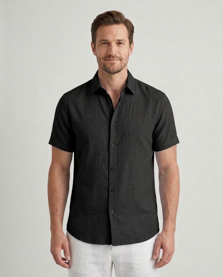 Men's Tailored Fit Shirt Short-Sleeve Button-Down Collared Smart-Casual Office Casual Everyday Sullivan - Blak Front [Lystr 6ad08ee5540fbbcd551783a3:blak:front]