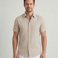 Men's Tailored Fit Shirt Short-Sleeve Button-Down Collared Smart-Casual Office Casual Everyday Sullivan - Beige Front [Lystr 6ad08ee5540fbbcd551783a3:beige:front]