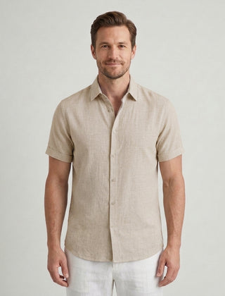 Men's Tailored Fit Shirt Short-Sleeve Button-Down Collared Smart-Casual Office Casual Everyday Sullivan - Beige Front [Lystr 6ad08ee5540fbbcd551783a3:beige:front]