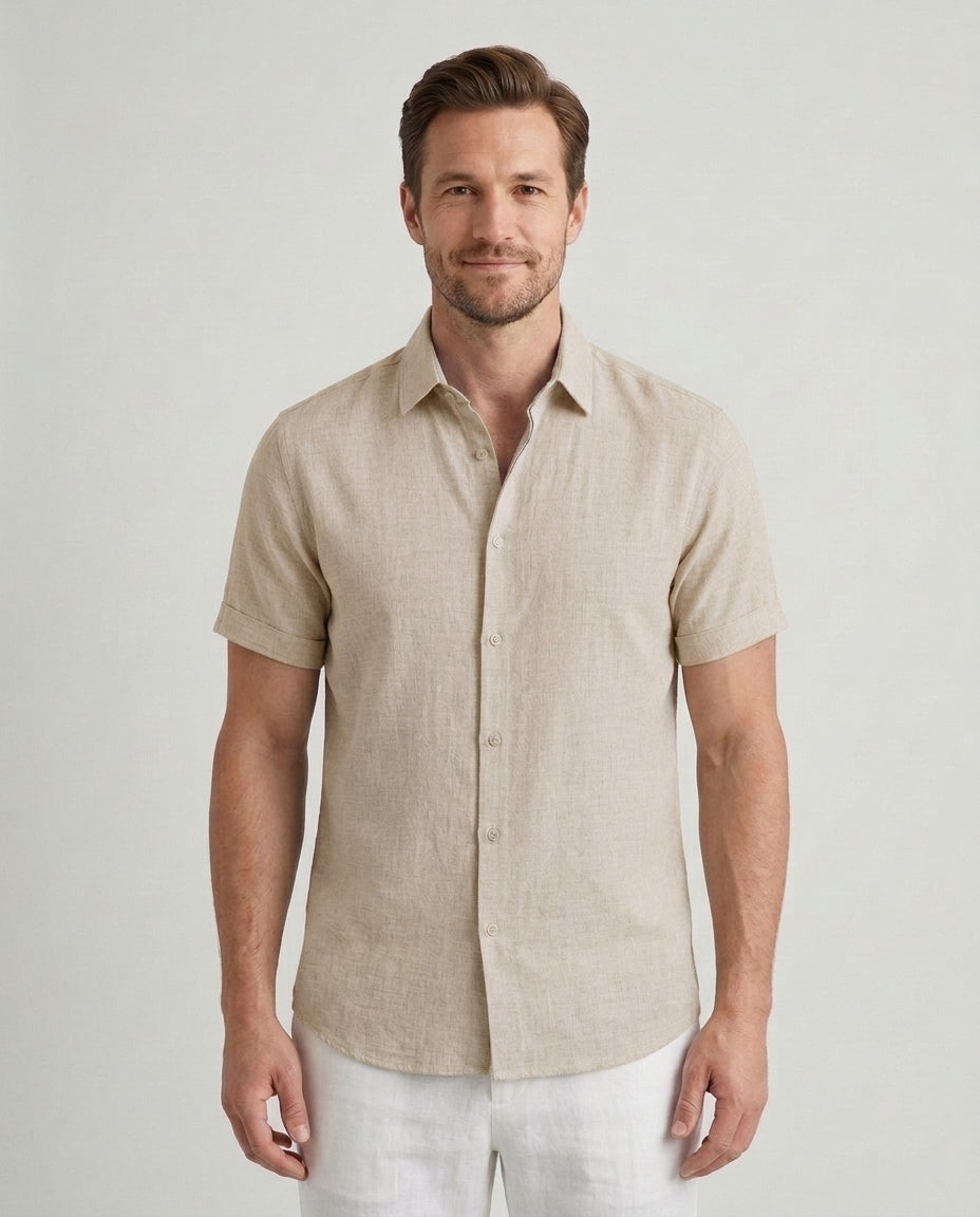 Men's Tailored Fit Shirt Short-Sleeve Button-Down Collared Smart-Casual Office Casual Everyday Sullivan - Beige Front [Lystr 6ad08ee5540fbbcd551783a3:beige:front]