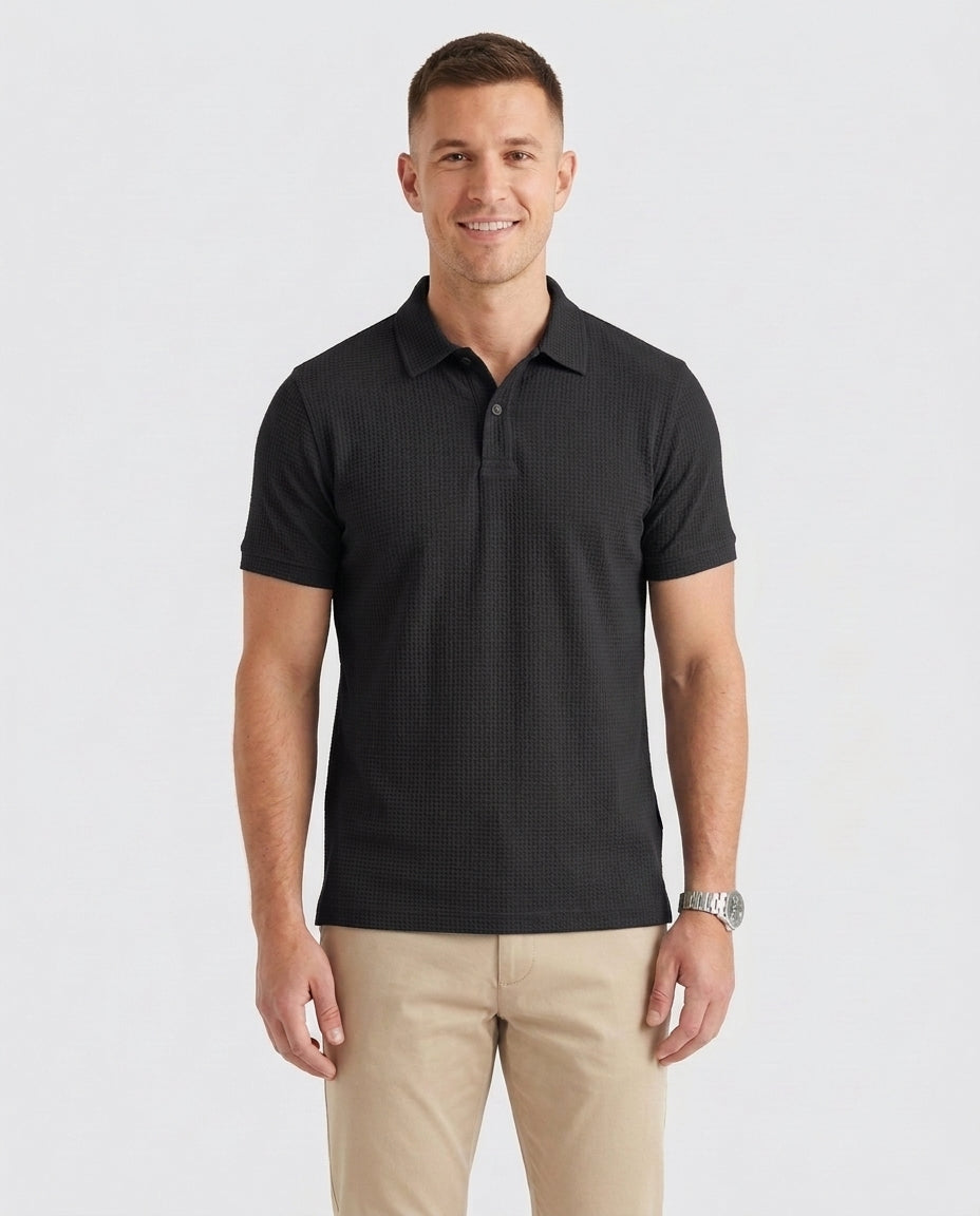 Men's Textured Polo Shirt Classic Short-Sleeve Collared Ribbed Casual Smart-Casual Everyday Golf Sport Regular Calloway - Black Front [Lystr 6ad0a3b388dcad5ebbecd061:black:front]