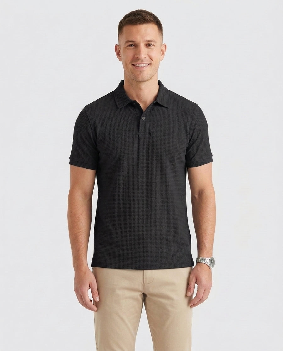 Men's Textured Polo Shirt Classic Short-Sleeve Collared Ribbed Casual Smart-Casual Everyday Golf Sport Regular Calloway - Black Front [Lystr 6ad0a3b388dcad5ebbecd061:black:front]
