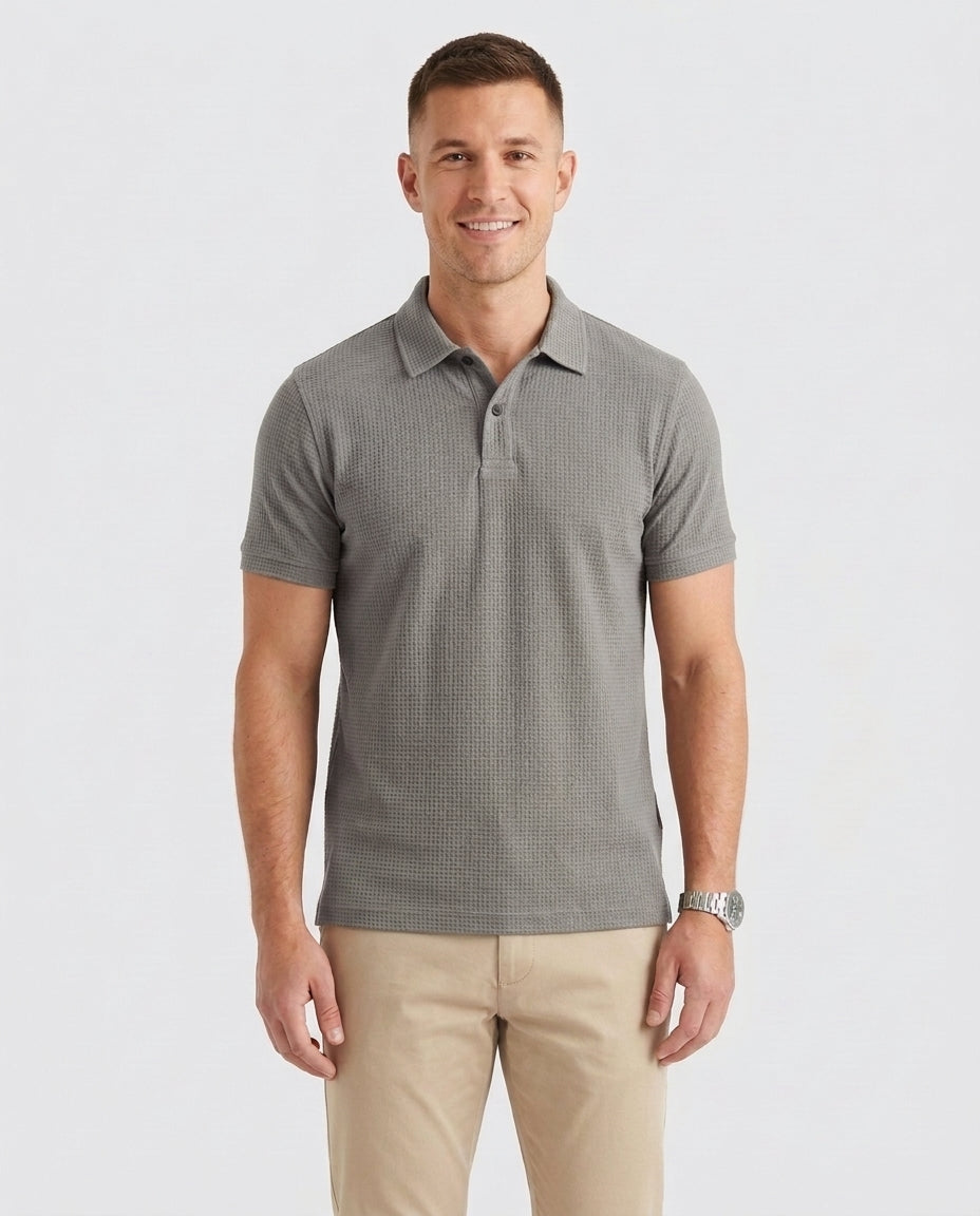 Men's Textured Polo Shirt Classic Short-Sleeve Collared Ribbed Casual Smart-Casual Everyday Golf Sport Regular Calloway - Grey Front [Lystr 6ad0a3b388dcad5ebbecd061:grey:front]