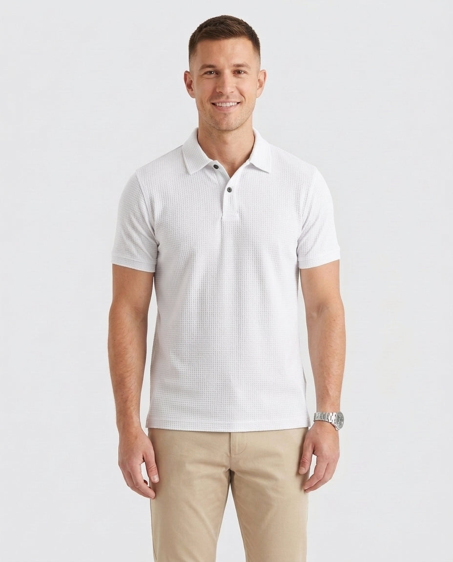 Men's Textured Polo Shirt Classic Short-Sleeve Collared Ribbed Casual Smart-Casual Everyday Golf Sport Regular Calloway - White Front [Lystr 6ad0a3b388dcad5ebbecd061:white:front]
