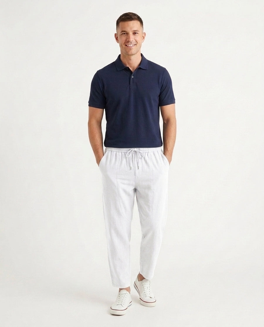 Men's Cropped Trousers Tapered Fit Flat-Front Smart-Casual Office Everyday Tailored Modern Versatile Relaxed - White Front [Lystr 6ad0b6b1b44a5b5d01162587:white:front]