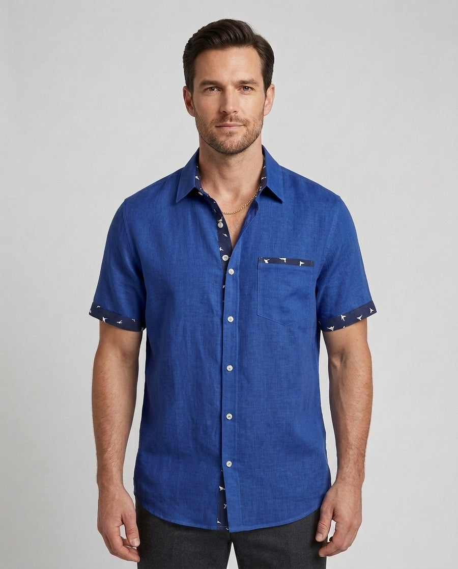 Men's Short-Sleeve Shirt Button-Up Collared Casual Holiday Beach Smart-Casual Relaxed Everyday Ellis - Royal Blue Front [Lystr 6ad0b9a8b44a5b5d0116258b:royal blue:front]
