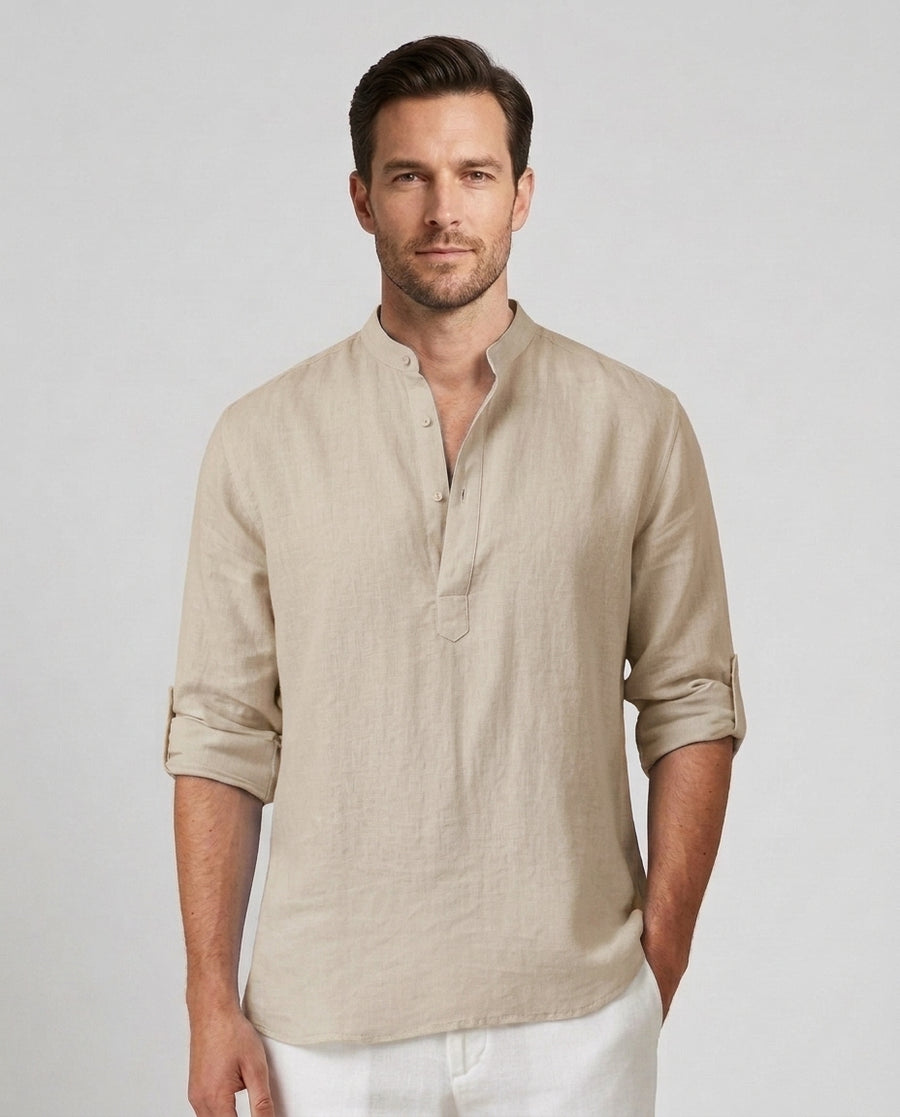 Men's Henley Shirt Button Placket Stand-Up Collar Casual Summer Everyday Slim Fit Modern Theo - Beige Front [Lystr 6ad0bab6b44a5b5d0116258d:beige:front]