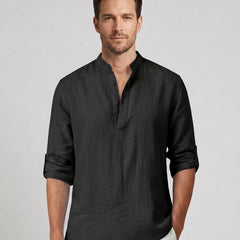 Men's Henley Shirt Button Placket Stand-Up Collar Casual Summer Everyday Slim Fit Modern Theo - Black Front [Lystr 6ad0bab6b44a5b5d0116258d:black:front]