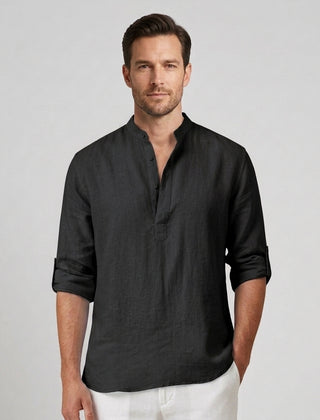 Men's Henley Shirt Button Placket Stand-Up Collar Casual Summer Everyday Slim Fit Modern Theo - Black Front [Lystr 6ad0bab6b44a5b5d0116258d:black:front]