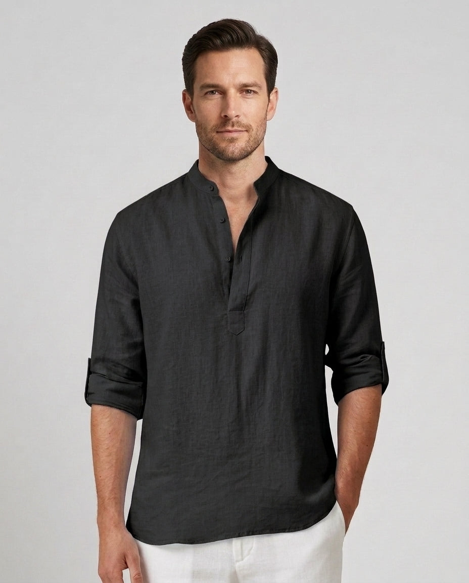 Men's Henley Shirt Button Placket Stand-Up Collar Casual Summer Everyday Slim Fit Modern Theo - Black Front [Lystr 6ad0bab6b44a5b5d0116258d:black:front]