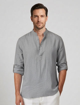 Men's Henley Shirt Button Placket Stand-Up Collar Casual Summer Everyday Slim Fit Modern Theo - Grey Front [Lystr 6ad0bab6b44a5b5d0116258d:grey:front]