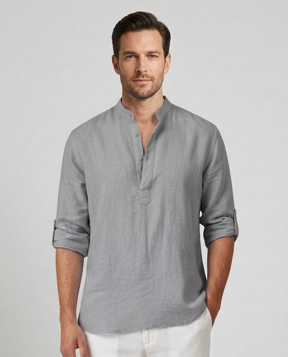 Men's Henley Shirt Button Placket Stand-Up Collar Casual Summer Everyday Slim Fit Modern Theo - Grey Front [Lystr 6ad0bab6b44a5b5d0116258d:grey:front]
