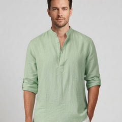 Men's Henley Shirt Button Placket Stand-Up Collar Casual Summer Everyday Slim Fit Modern Theo - Light Green Front [Lystr 6ad0bab6b44a5b5d0116258d:light green:front]