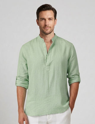 Men's Henley Shirt Button Placket Stand-Up Collar Casual Summer Everyday Slim Fit Modern Theo - Light Green Front [Lystr 6ad0bab6b44a5b5d0116258d:light green:front]