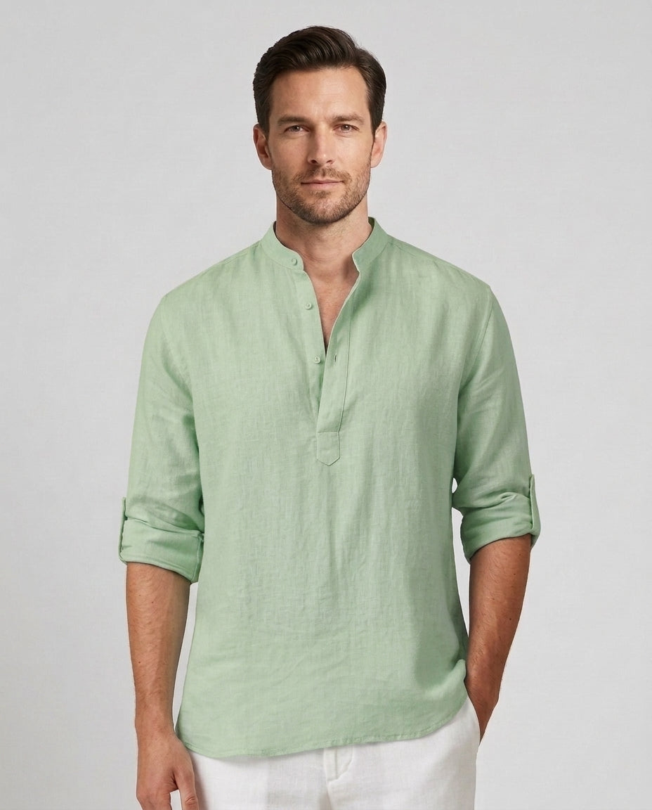 Men's Henley Shirt Button Placket Stand-Up Collar Casual Summer Everyday Slim Fit Modern Theo - Light Green Front [Lystr 6ad0bab6b44a5b5d0116258d:light green:front]