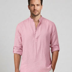 Men's Henley Shirt Button Placket Stand-Up Collar Casual Summer Everyday Slim Fit Modern Theo - Pink Front [Lystr 6ad0bab6b44a5b5d0116258d:pink:front]