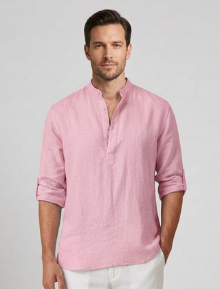Men's Henley Shirt Button Placket Stand-Up Collar Casual Summer Everyday Slim Fit Modern Theo - Pink Front [Lystr 6ad0bab6b44a5b5d0116258d:pink:front]