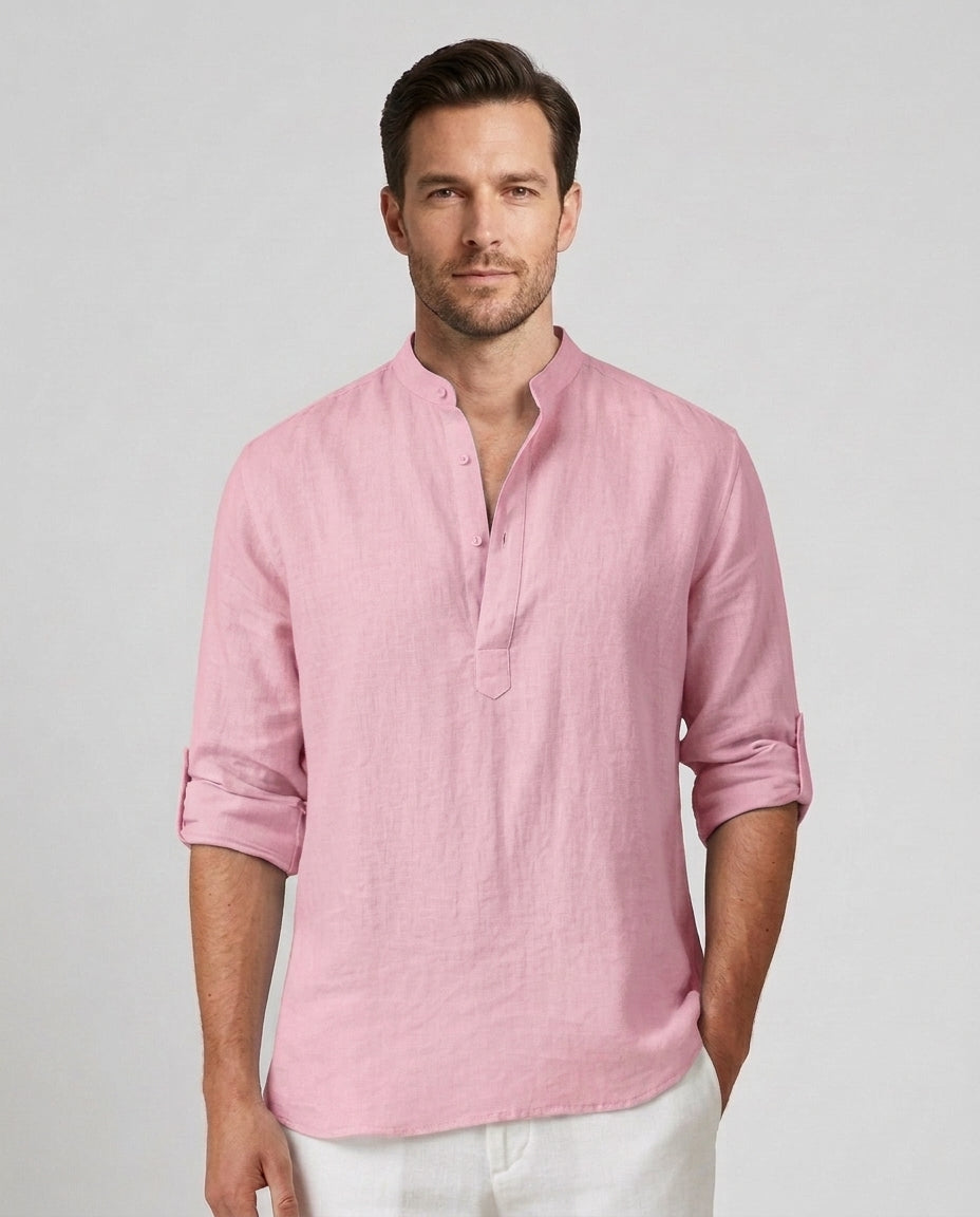 Men's Henley Shirt Button Placket Stand-Up Collar Casual Summer Everyday Slim Fit Modern Theo - Pink Front [Lystr 6ad0bab6b44a5b5d0116258d:pink:front]